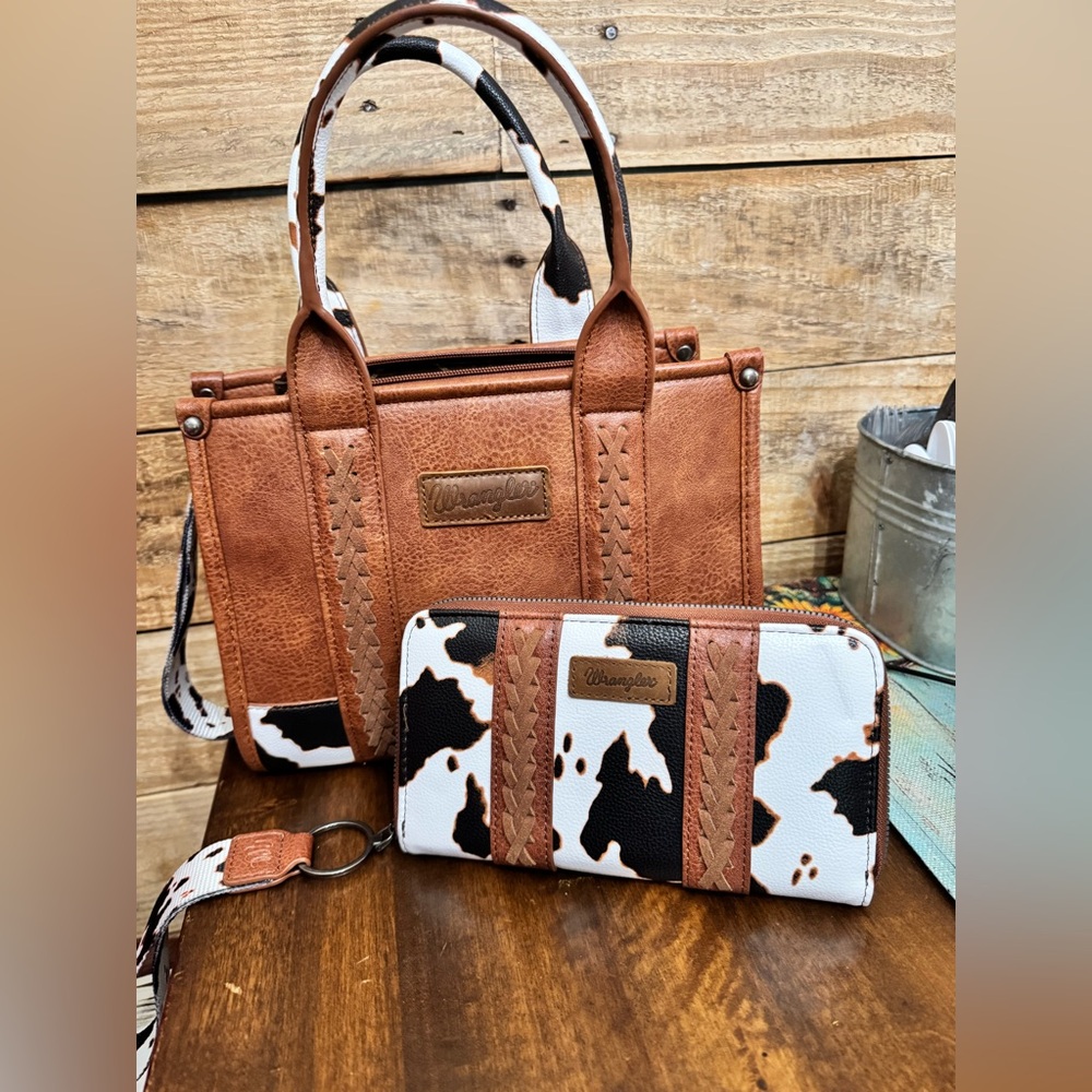 Wrangler Brown + Cow-Print Purse and Wallet